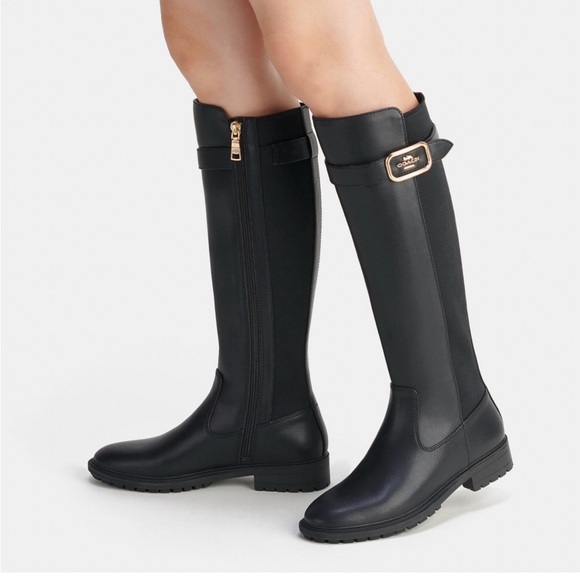 Coach Shoes - Coach Felicity Leather Riding Boots Black Gold Hardware Size 10